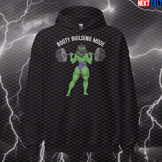 Booty Building Mode Gym Hoodie | Funny Workout Hoodie For Leg Day & Squats | She-Hulk Fitness Pullover Avengers Bodybuilding Films Fitness Gym Hulk Leg Day Powerlifting Pump Cover Superheroes Workout Next Cult Brand