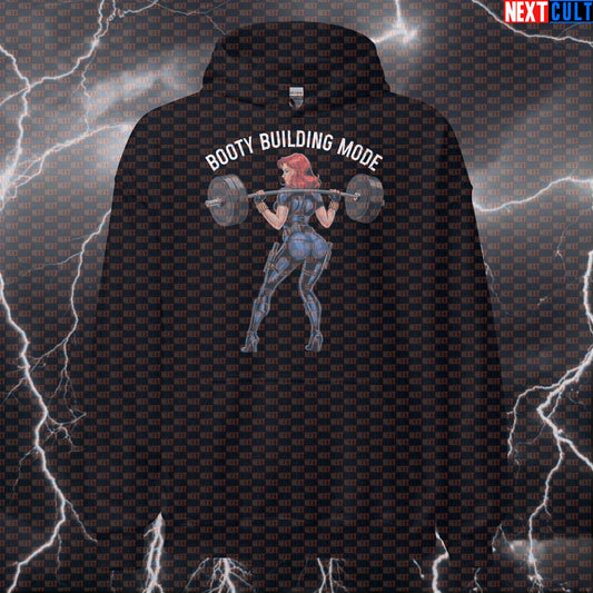 Booty Building Mode Gym Hoodie | Funny Workout Hoodie For Gym Girls | Squats & Glutes Meme Pullover Avengers Black Widow Bodybuilding Films Fitness Gym Leg Day Powerlifting Pump Cover Superheroes Workout Next Cult Brand