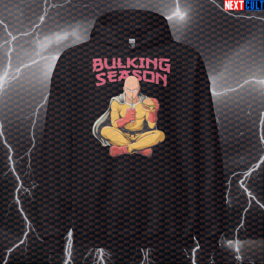Bulking Season Anime Gym Hoodie | Funny Fast Food Meme Workout Hoodie For Lifters | Calorie Surplus Pullover Anime Bodybuilding Bulking Fast Food Fitness Gym Pump Cover TV Workout Next Cult Brand