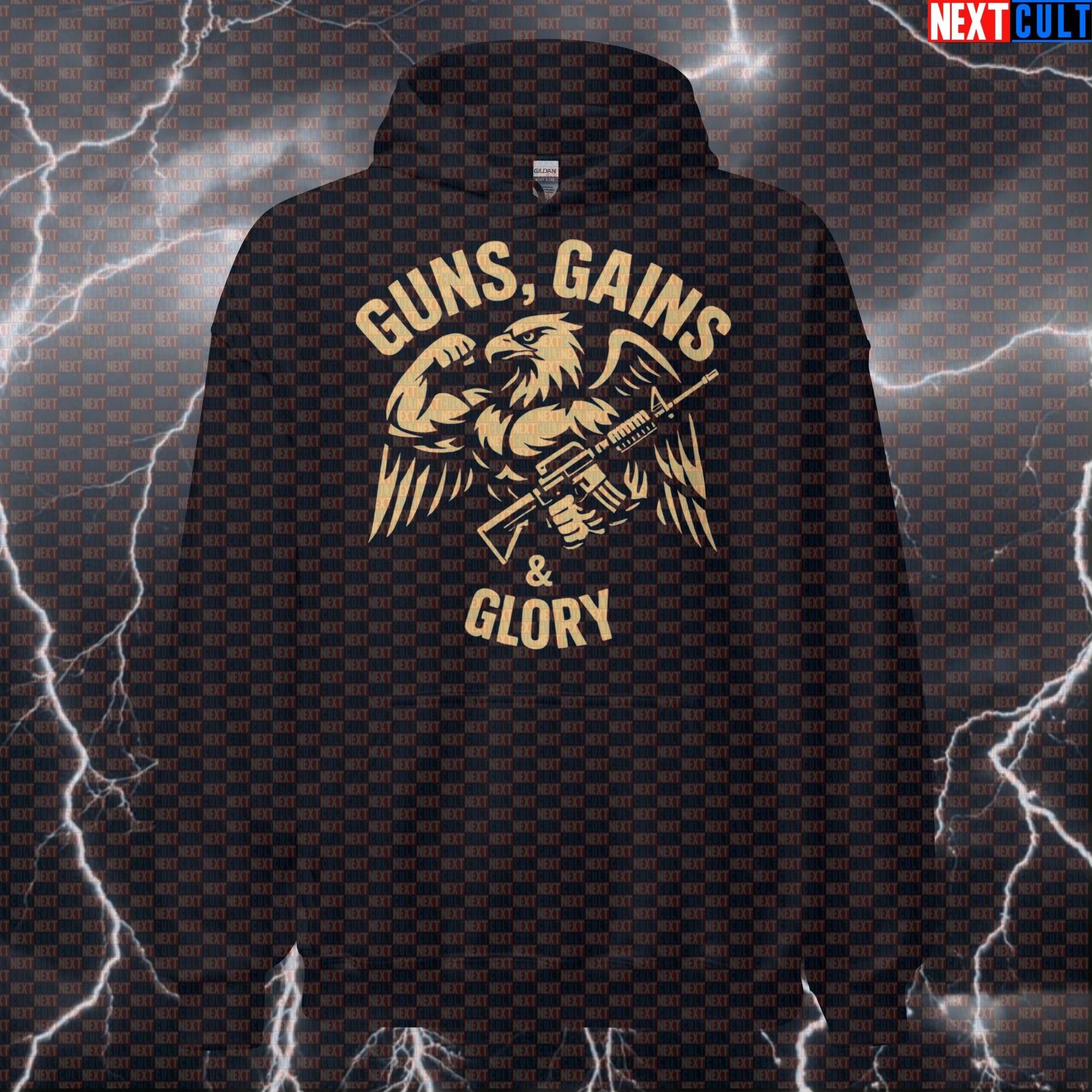 Guns Gains Glory Gym Hoodie | Patriotic Eagle Workout Hoodie For Lifters | Funny Fitness Meme Pullover Hoodies 4th of July Bodybuilding Fitness Gym Powerlifting Pump Cover Workout Next Cult Brand