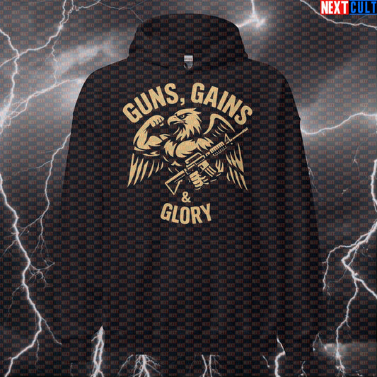 Guns Gains Glory Gym Hoodie | Patriotic Eagle Workout Hoodie For Lifters | Funny Fitness Meme Pullover 4th of July Bodybuilding Fitness Gym Powerlifting Pump Cover Workout Next Cult Brand
