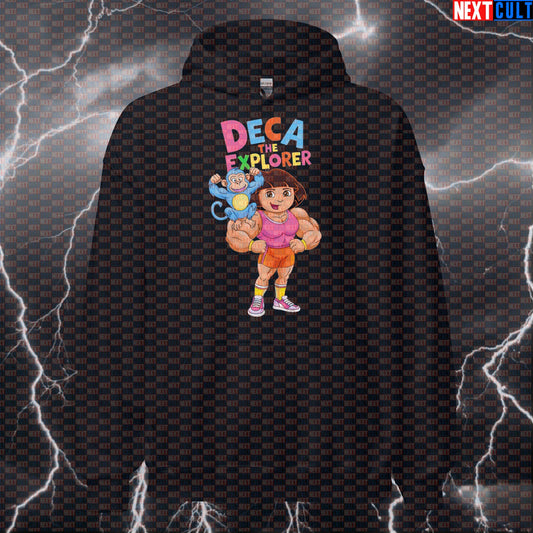 Deca The Explorer Gym Hoodie | Funny Enhanced Lifter Hooded Sweatshirt | Bodybuilding Meme Pullover Bodybuilding Fitness Gym Pump Cover Steroids TV Workout Next Cult Brand