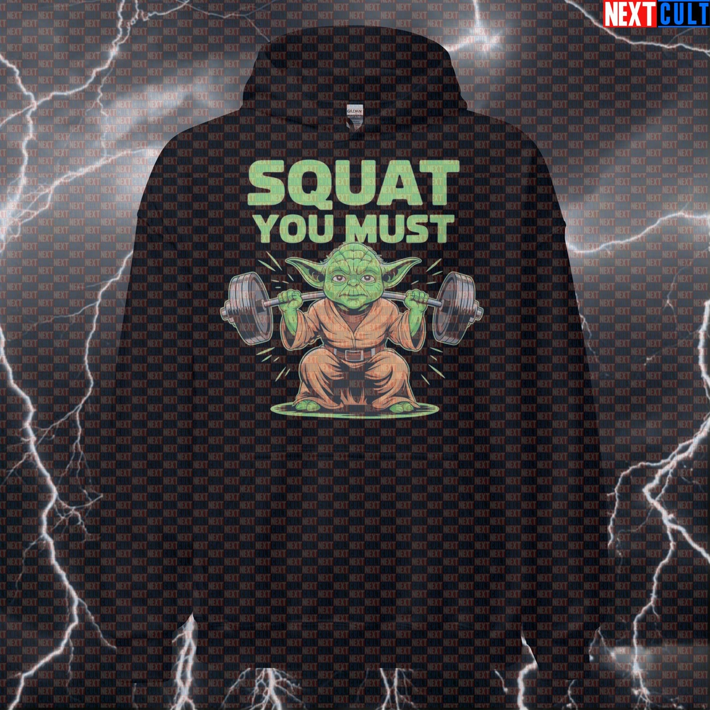 Squat You Must Gym Hoodie | Star Wars Leg Day Meme Hooded Sweatshirt | Funny Workout Pullover Hoodies Bodybuilding Films Fitness Gym Leg Day Powerlifting Pump Cover Star Wars Workout Yoda Next Cult Brand