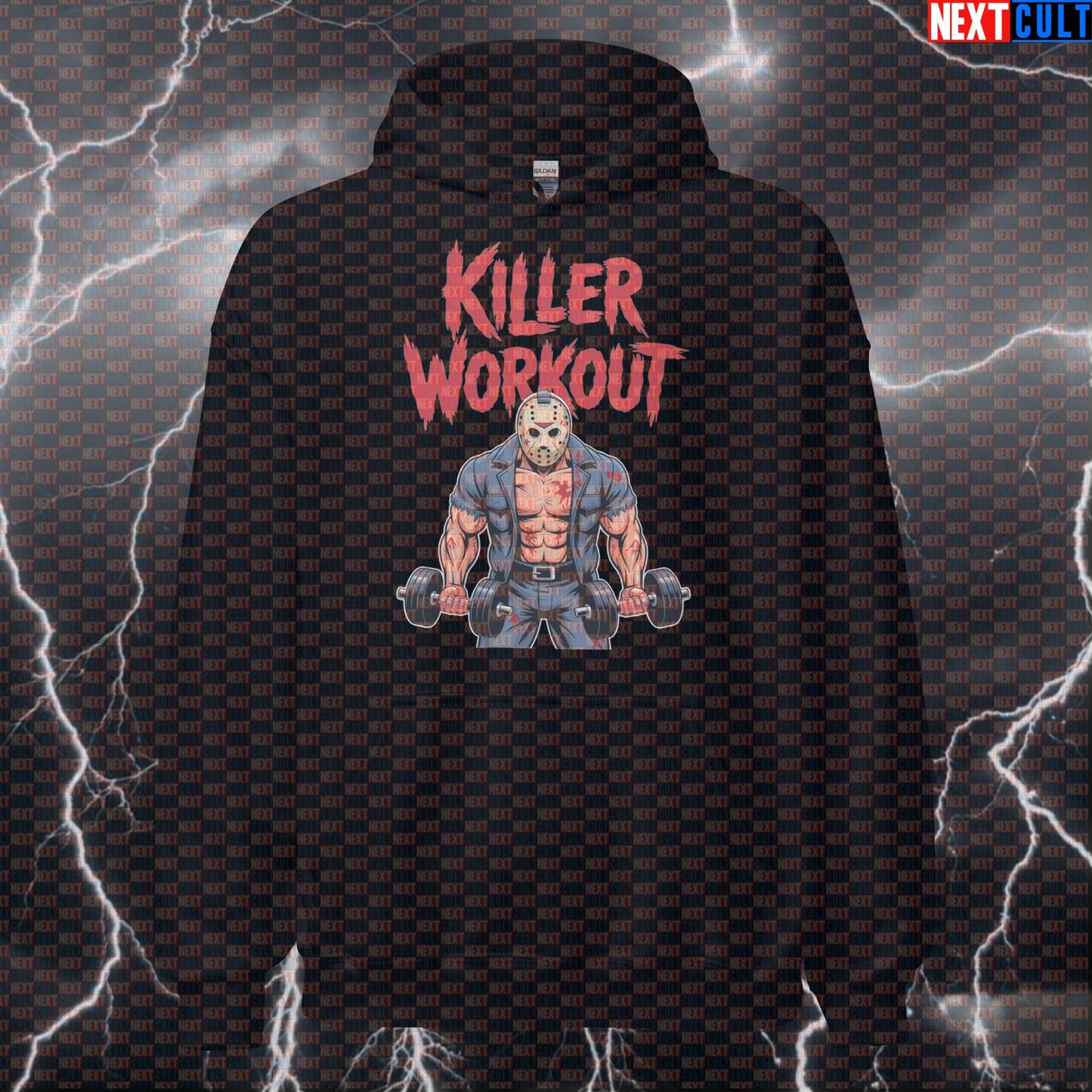 Killer Workout Gym Hoodie | Horror Themed Hooded Sweatshirt | Friday the 13th & Halloween Pullover Bodybuilding Films Fitness Gym Halloween Pump Cover Workout Next Cult Brand