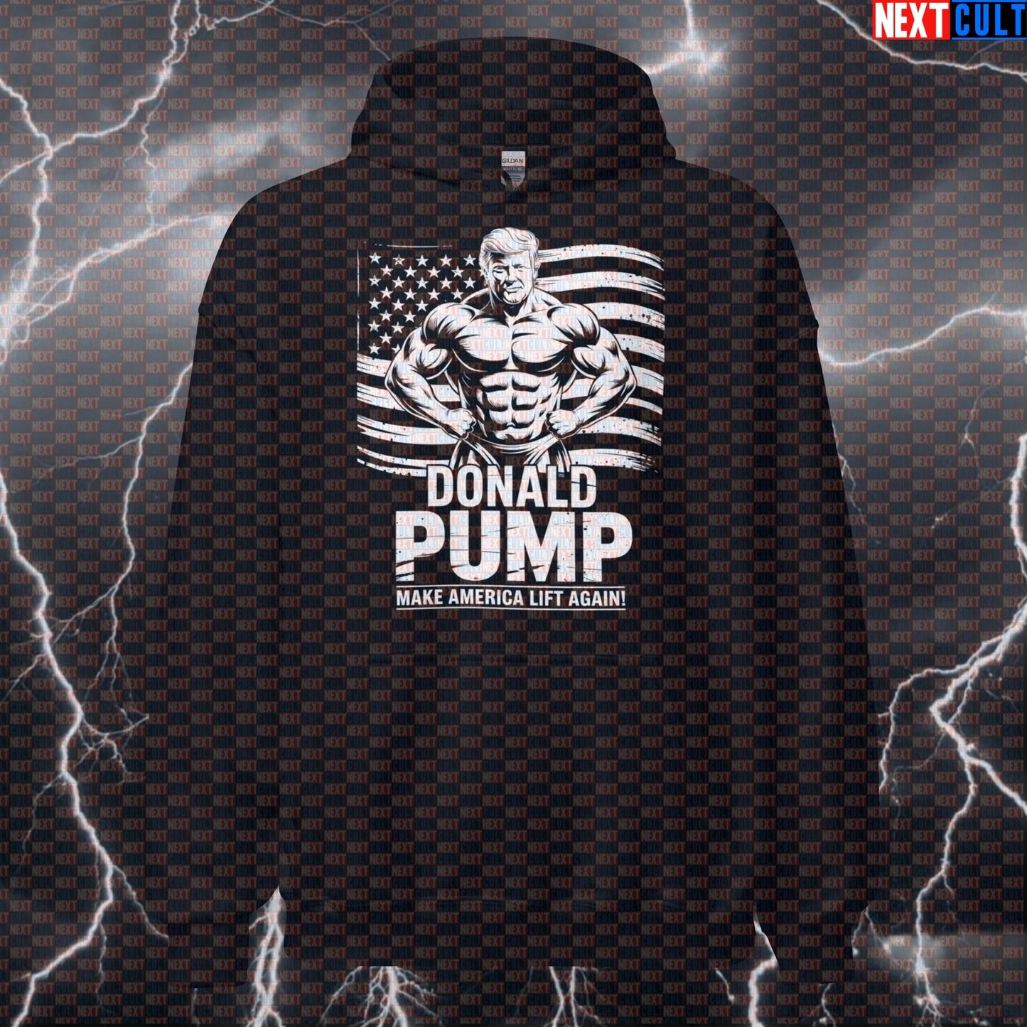 Donald Pump Gym Hoodie | Make America Lift Again Funny Workout Hoodie | Political Meme Hooded Sweatshirt Hoodies 4th of July Bodybuilding Donald Trump Fitness Gym Pump Cover Workout Next Cult Brand