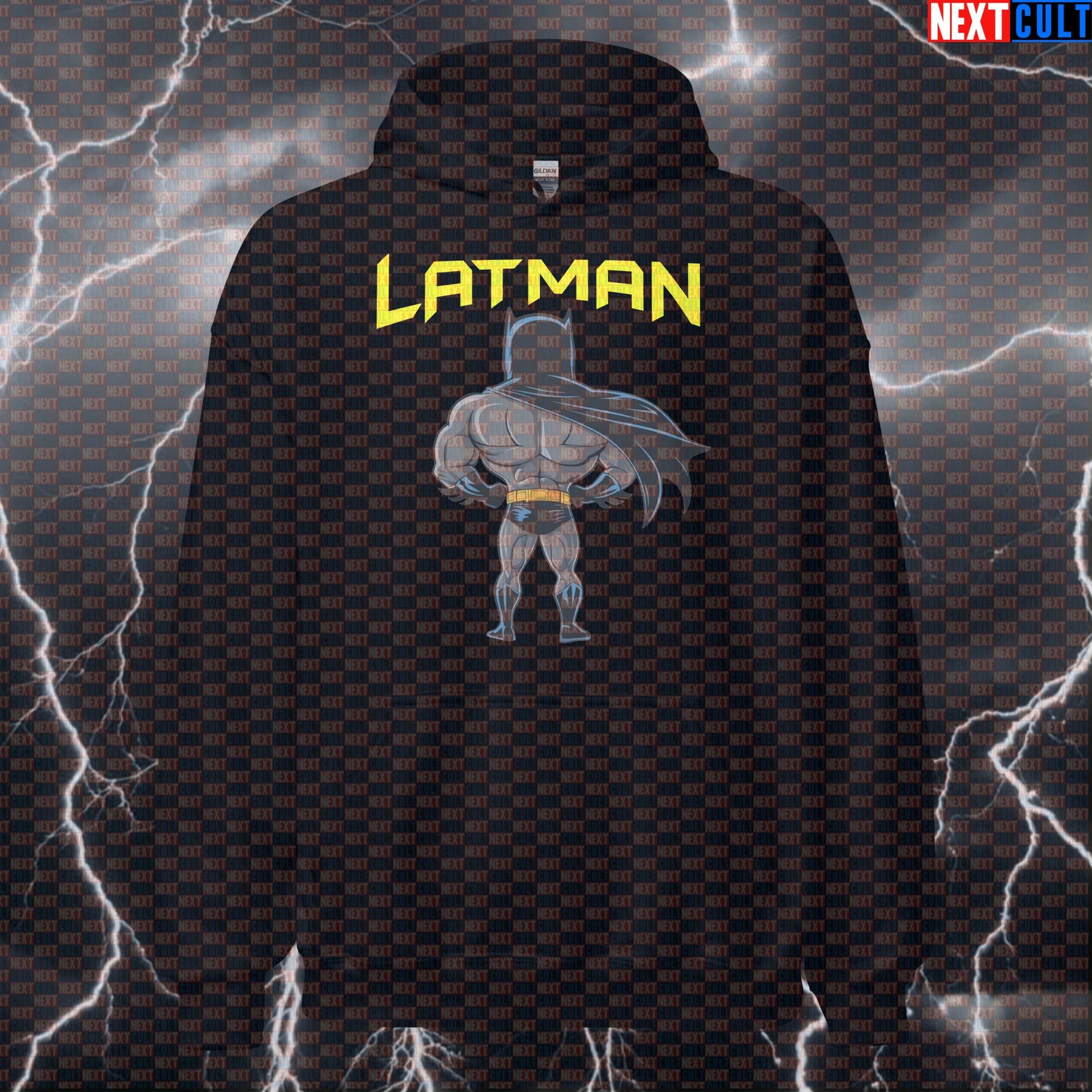 Lat Man Big Back Hoodie - Funny Gym Hooded Sweatshirt for Lifters with Huge Lats - Workout Pullover Jumper for Back Day Batman Bodybuilding Films Fitness Gym Justice League Pump Cover Superheroes Workout Next Cult Brand