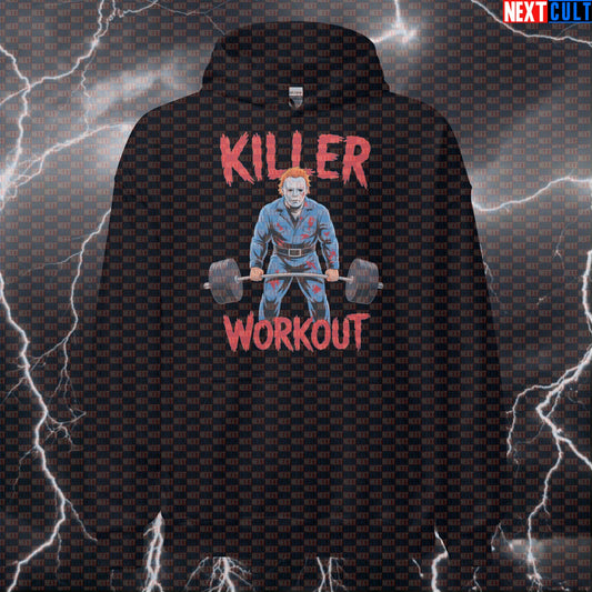 Killer Workout Horror Gym Hoodie | Scary Halloween Fitness Meme Pullover | Funny Workout Hoodie Bodybuilding Films Fitness Gym Halloween Powerlifting Pump Cover Workout Next Cult Brand