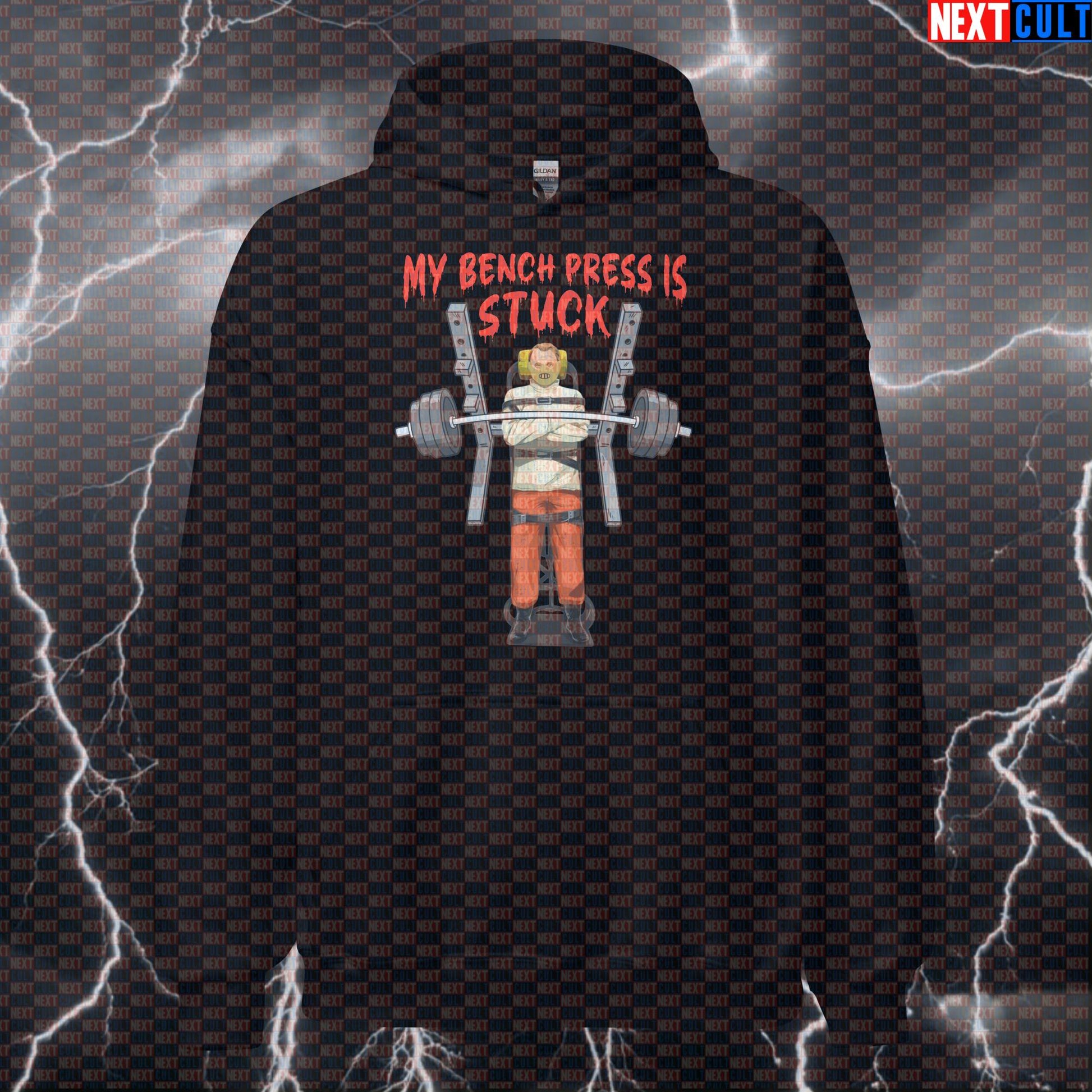 My Bench Press Is Stuck Horror Gym Hoodie | Scary Movie Meme Workout Hoodie | Funny Frightening Pump Cover Bodybuilding Films Fitness Gym Halloween Powerlifting Pump Cover Workout Next Cult Brand