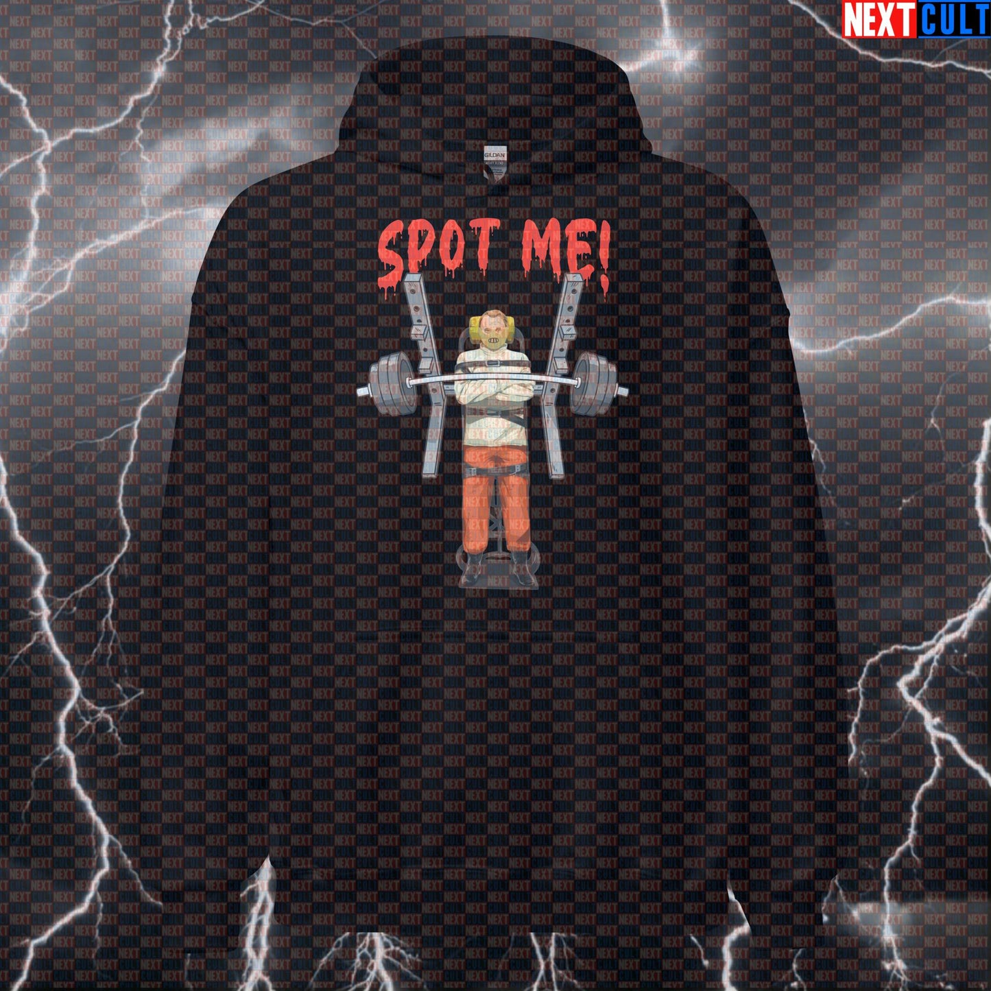 Spot Me Horror Gym Hoodie | Funny Scary Workout Hoodie For Lifters | Hannibal Lecter Pump Cover Bodybuilding Films Fitness Gym Halloween Powerlifting Pump Cover Workout Next Cult Brand