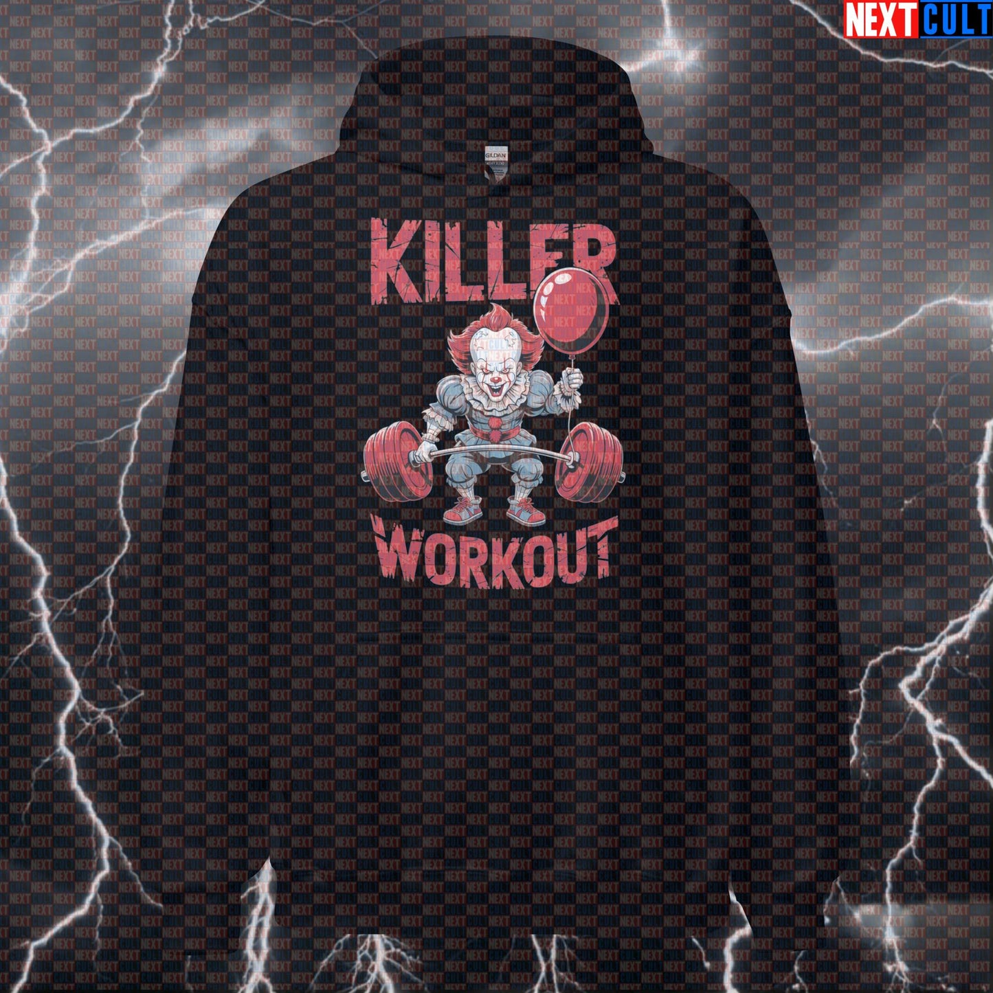 Killer Workout Horror Clown Gym Hoodie | Scary Halloween Hooded Sweatshirt For Lifters & Fitness Fans Films Fitness Gym Halloween Powerlifting Pump Cover Workout Next Cult Brand