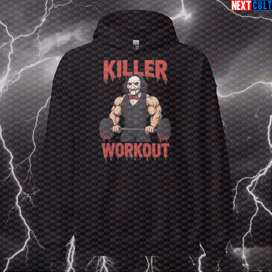 Jigsaw's Gym Game Plan Horror Meme Hoodie | Funny Workout Pullover Bodybuilding Films Fitness Gym Halloween Powerlifting Pump Cover Workout Next Cult Brand
