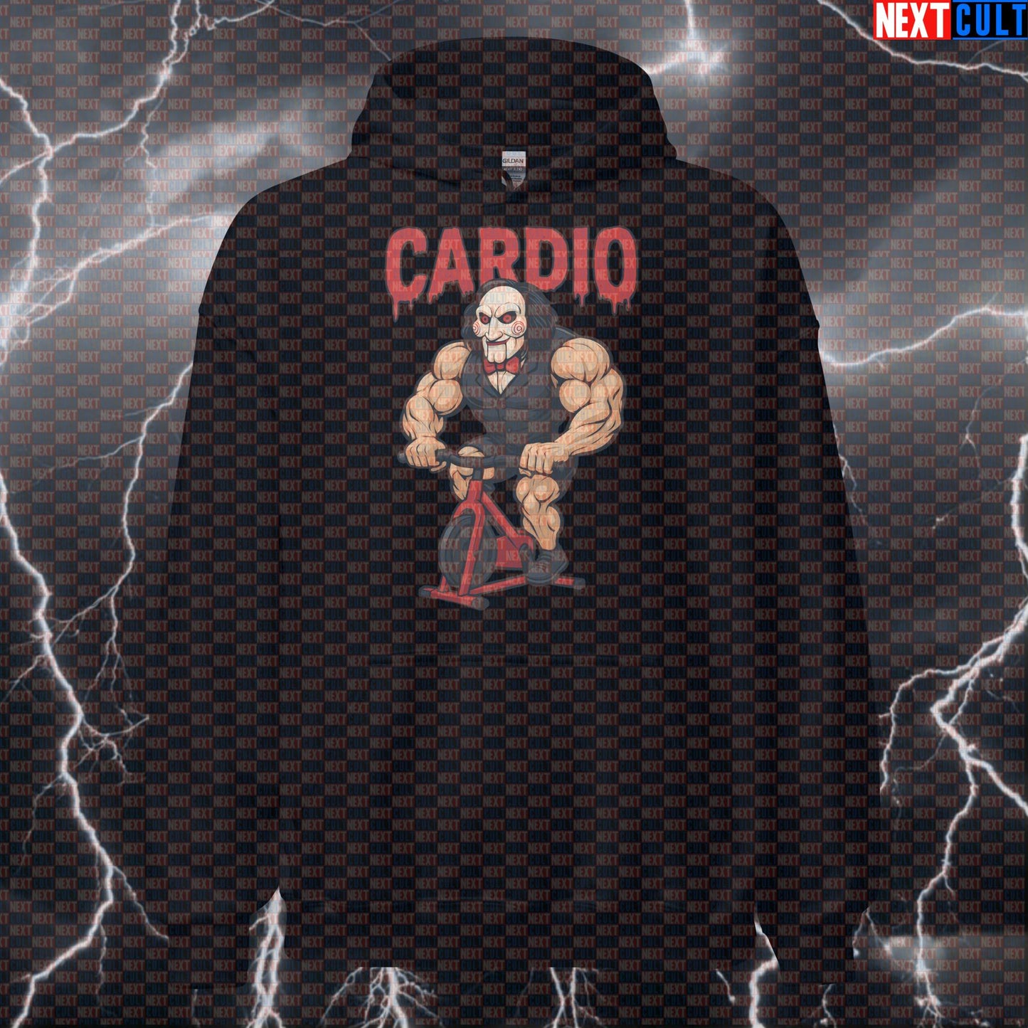 Jigsaw's Spin Bike Horror Funny Gym Hoodie | Cardio Killer Workout Pullover Cardio Films Fitness Gym Halloween Pump Cover Workout Next Cult Brand