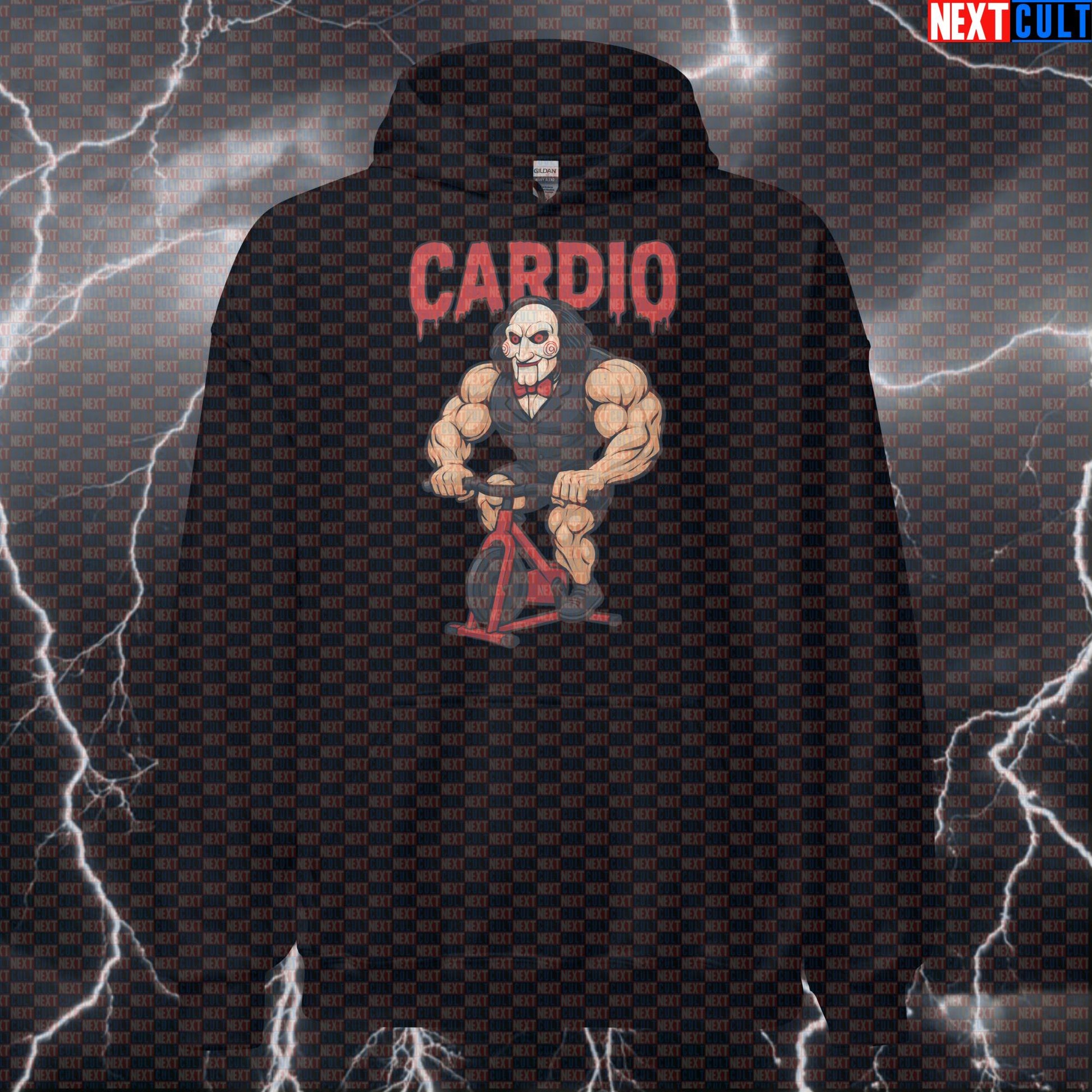 Jigsaw's Spin Bike Horror Funny Gym Hoodie | Cardio Killer Workout Pullover Cardio Films Fitness Gym Halloween Pump Cover Workout Next Cult Brand