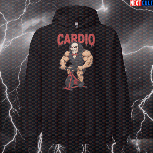 Jigsaw's Spin Bike Horror Funny Gym Hoodie | Cardio Killer Workout Pullover Cardio Films Fitness Gym Halloween Pump Cover Workout Next Cult Brand