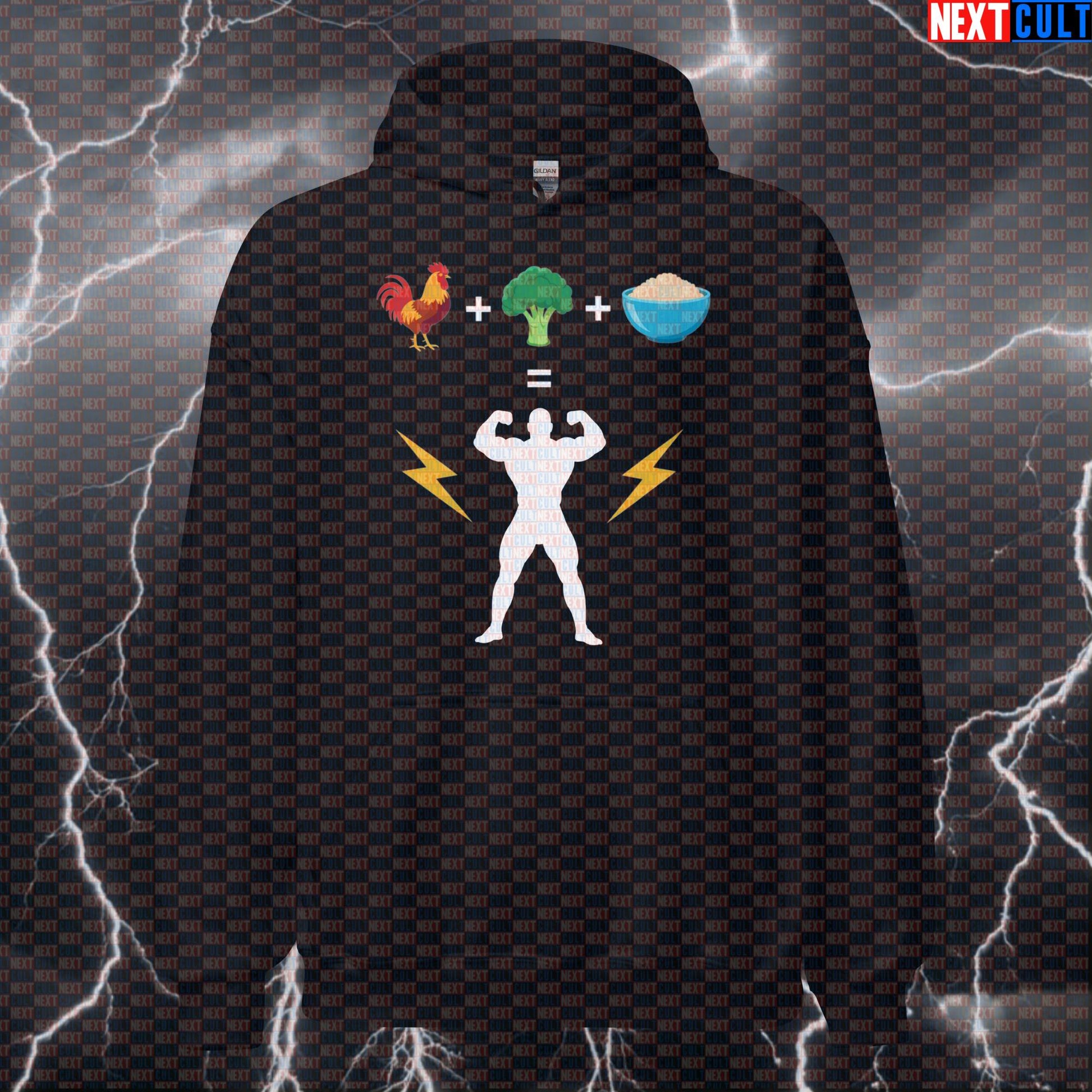 Funny Chicken Broccoli Rice Gym Hoodie | Powered By Meal Prep Hooded Sweatshirt | Fitness Meme Pullover Hoodies Bodybuilding Fast Food Fitness Gym Pump Cover Workout Next Cult Brand