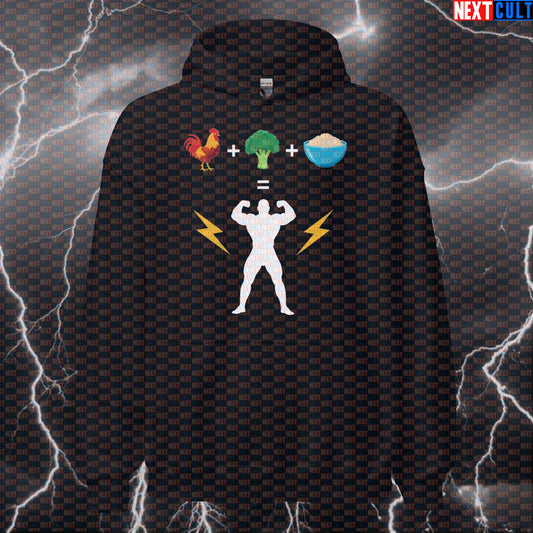 Funny Chicken Broccoli Rice Gym Hoodie | Powered By Meal Prep Hooded Sweatshirt | Fitness Meme Pullover Hoodies Bodybuilding Fast Food Fitness Gym Pump Cover Workout Next Cult Brand