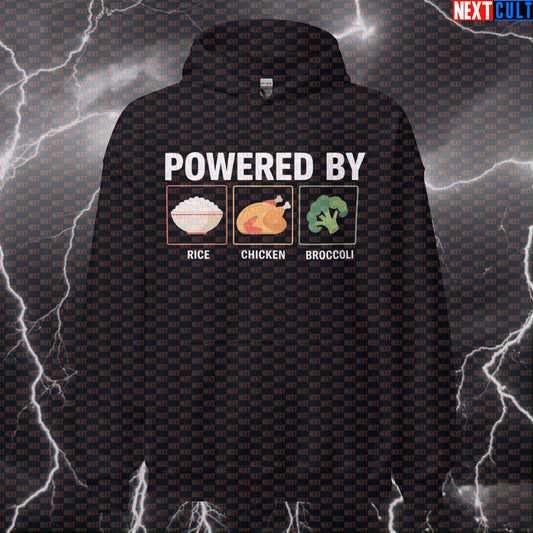 Rice Chicken Broccoli Gym Hoodie | Funny Bodybuilding Diet Hooded Sweatshirt | Workout Meal Prep Pullover Hoodies Bodybuilding Fast Food Fitness Gym Pump Cover Workout Next Cult Brand