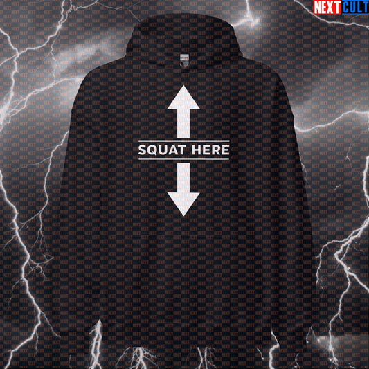 Squat Here Funny Gym Hoodie | Edgy Workout Hoodie For Lifters | Gym Meme Hooded Sweatshirt Jumper Hoodies Bodybuilding Fitness Gym Leg Day Powerlifting Pump Cover Workout Next Cult Brand
