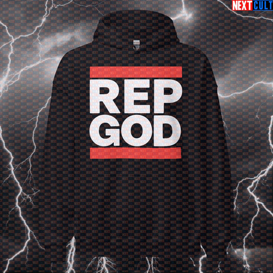 Rep God Funny Gym Hoodie | Hip Hop Workout Pullover for Bodybuilding & Powerlifting Hoodies Bodybuilding Eminem Fitness Gym Hip Hop Powerlifting Pump Cover Workout Next Cult Brand