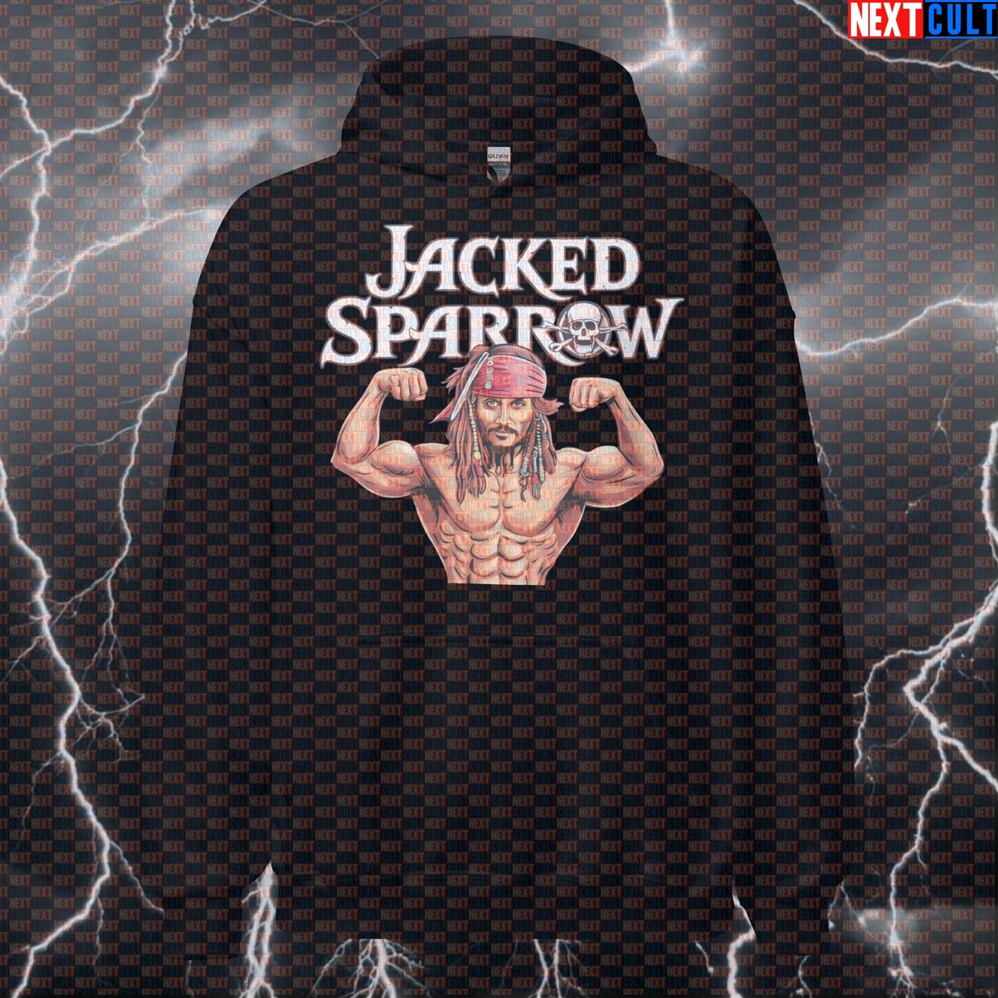 Jacked Sparrow Gym Hoodie | Funny Pirate Workout Hoodie For Lifters & Bodybuilding Fans | Hooded Sweatshirt Hoodies Bodybuilding Films Fitness Gym Pirates of the Caribbean Pump Cover Workout Next Cult Brand