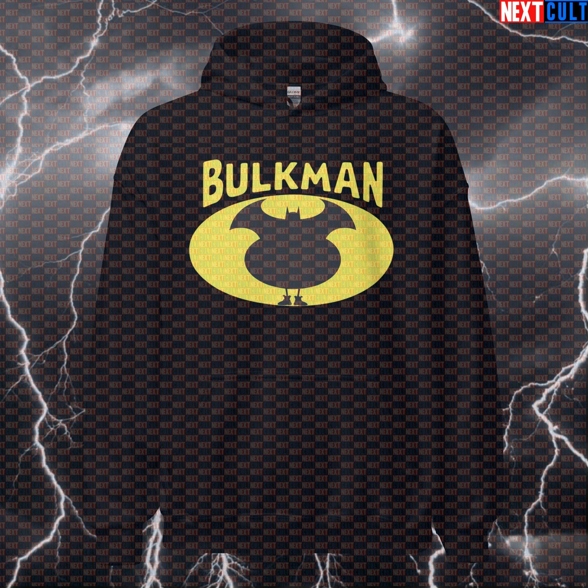 Bulkman Gym Hoodie | Funny Bulking Batman Meme Hooded Sweatshirt | Workout Pullover For Bodybuilding Batman Bodybuilding Bulking Fast Food Films Fitness Gym Justice League Pump Cover Superheroes Workout Next Cult Brand