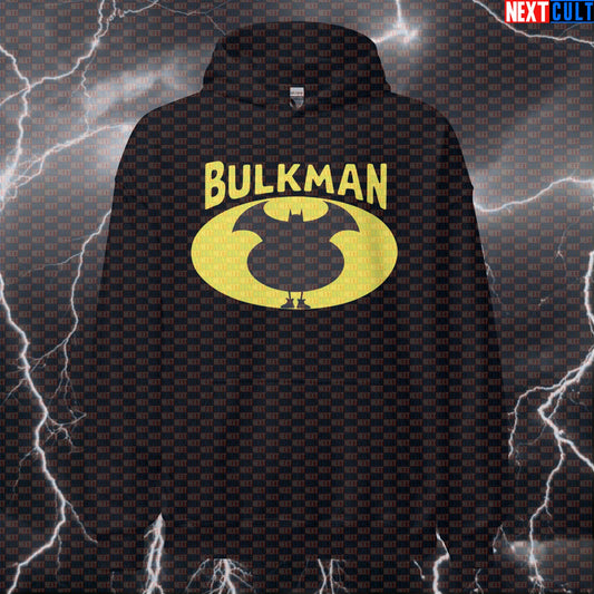 Bulkman Gym Hoodie | Funny Bulking Batman Meme Hooded Sweatshirt | Workout Pullover For Bodybuilding Batman Bodybuilding Bulking Fast Food Films Fitness Gym Justice League Pump Cover Superheroes Workout Next Cult Brand