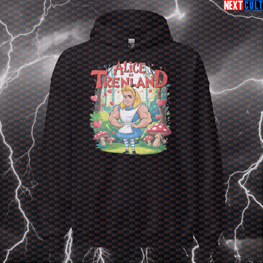 Alice in Trenland Gym Hoodie | Funny Not Natty Meme Workout Hoodie | Enhanced Lifter Pullover Bodybuilding Books Films Fitness Gym Pump Cover Steroids Workout Next Cult Brand