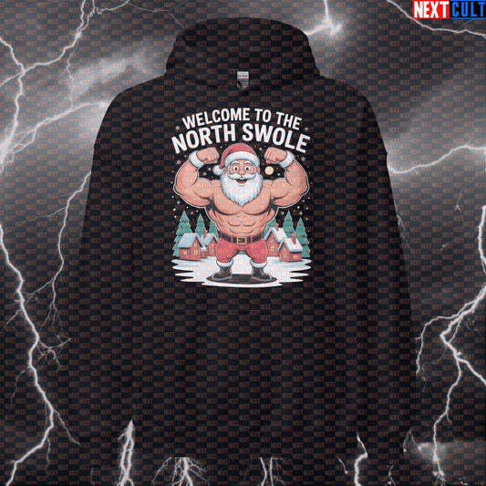 North Swole Christmas Hoodie | Funny Holiday Workout Hoodie for Lifters | Santa Claus Gym Pullover Bodybuilding Christmas Fitness Gym Pump Cover Workout Next Cult Brand