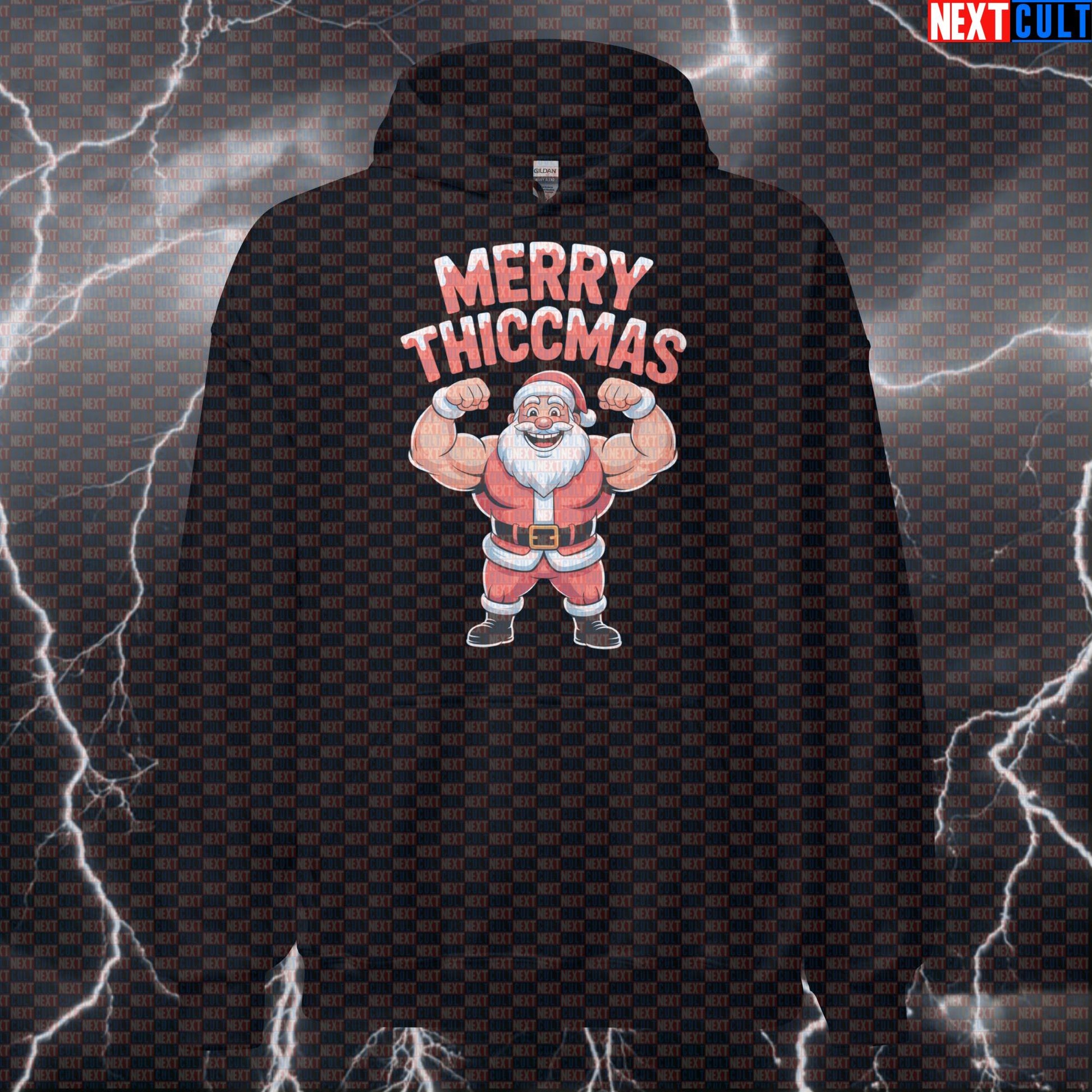 Merry Thiccmas Gym Hoodie | Funny Santa Claus Workout Hoodie For Lifters | Festive Pump Cover Pullover Bodybuilding Christmas Fitness Gym Pump Cover Workout Next Cult Brand