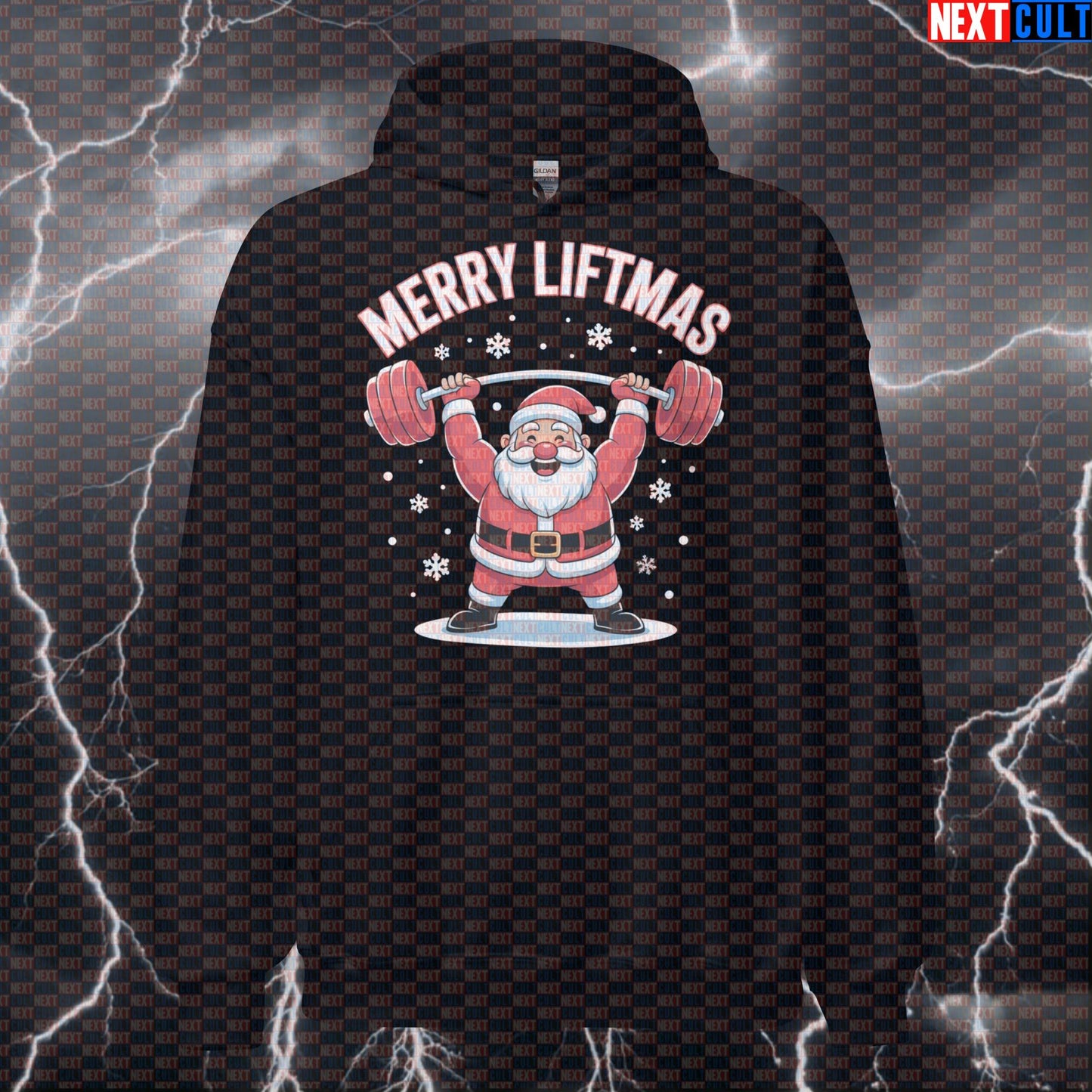 Merry Liftmas Gym Hoodie | Funny Santa Barbell Christmas Workout Hoodie | Festive Pump Cover Pullover Bodybuilding Christmas Fitness Gym Powerlifting Pump Cover Workout Next Cult Brand