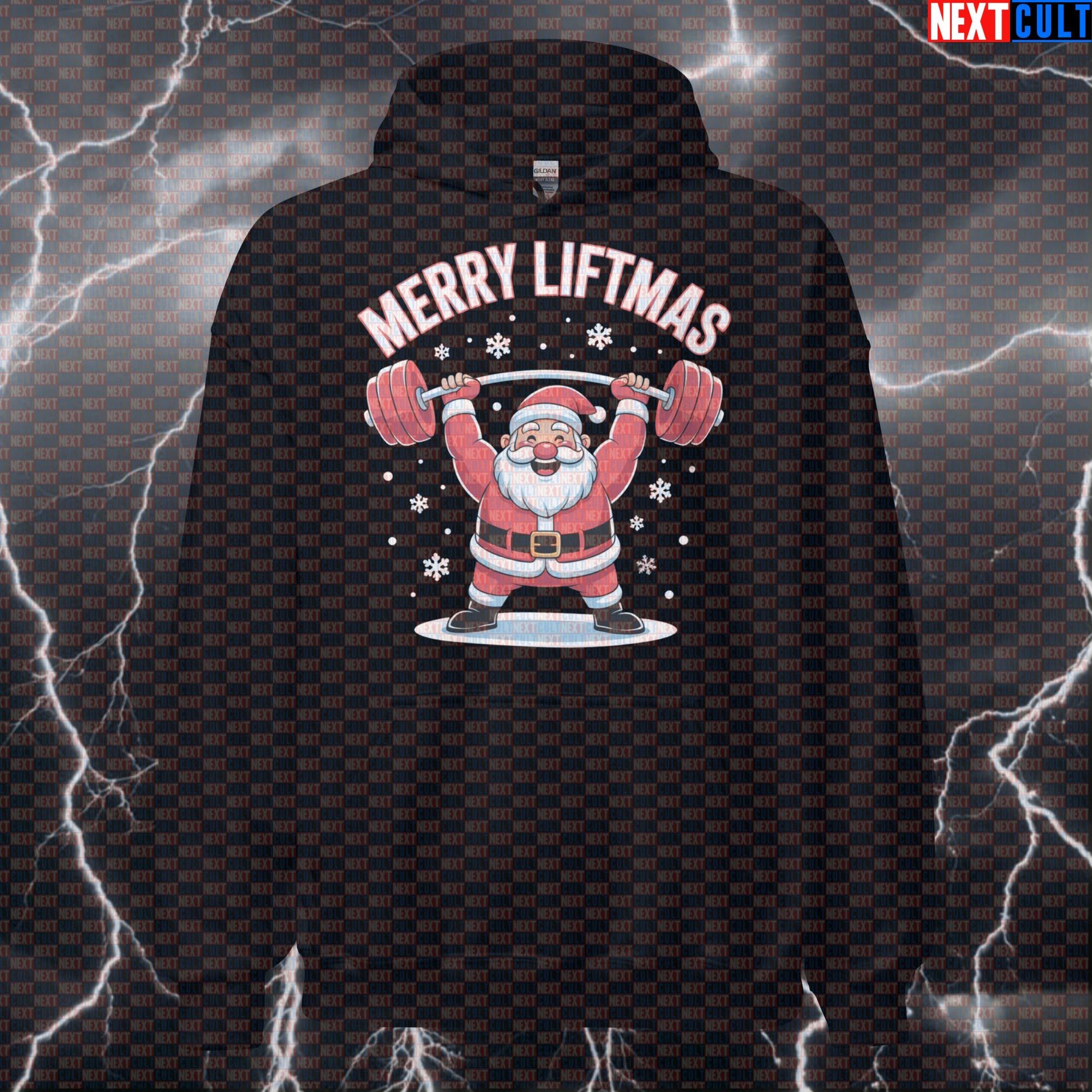 Merry Liftmas Gym Hoodie | Funny Santa Barbell Christmas Workout Hoodie | Festive Pump Cover Pullover Bodybuilding Christmas Fitness Gym Powerlifting Pump Cover Workout Next Cult Brand