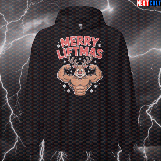 Merry Liftmas Gym Hoodie | Funny Christmas Workout Hoodie For Lifters | Festive Fitness Meme Pullover Bodybuilding Christmas Fitness Gym Powerlifting Pump Cover Workout Next Cult Brand