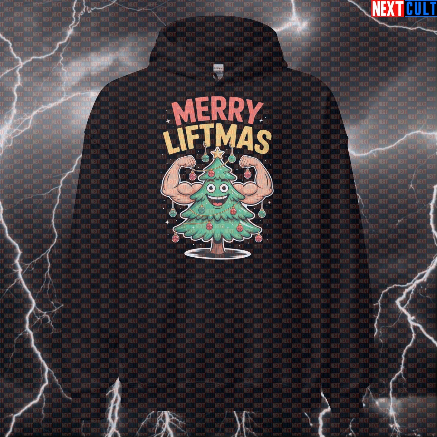 Merry Liftmas Gym Hoodie | Funny Jacked Christmas Tree Workout Hoodie | Festive Pump Cover Pullover Bodybuilding Christmas Fitness Gym Powerlifting Pump Cover Workout Next Cult Brand