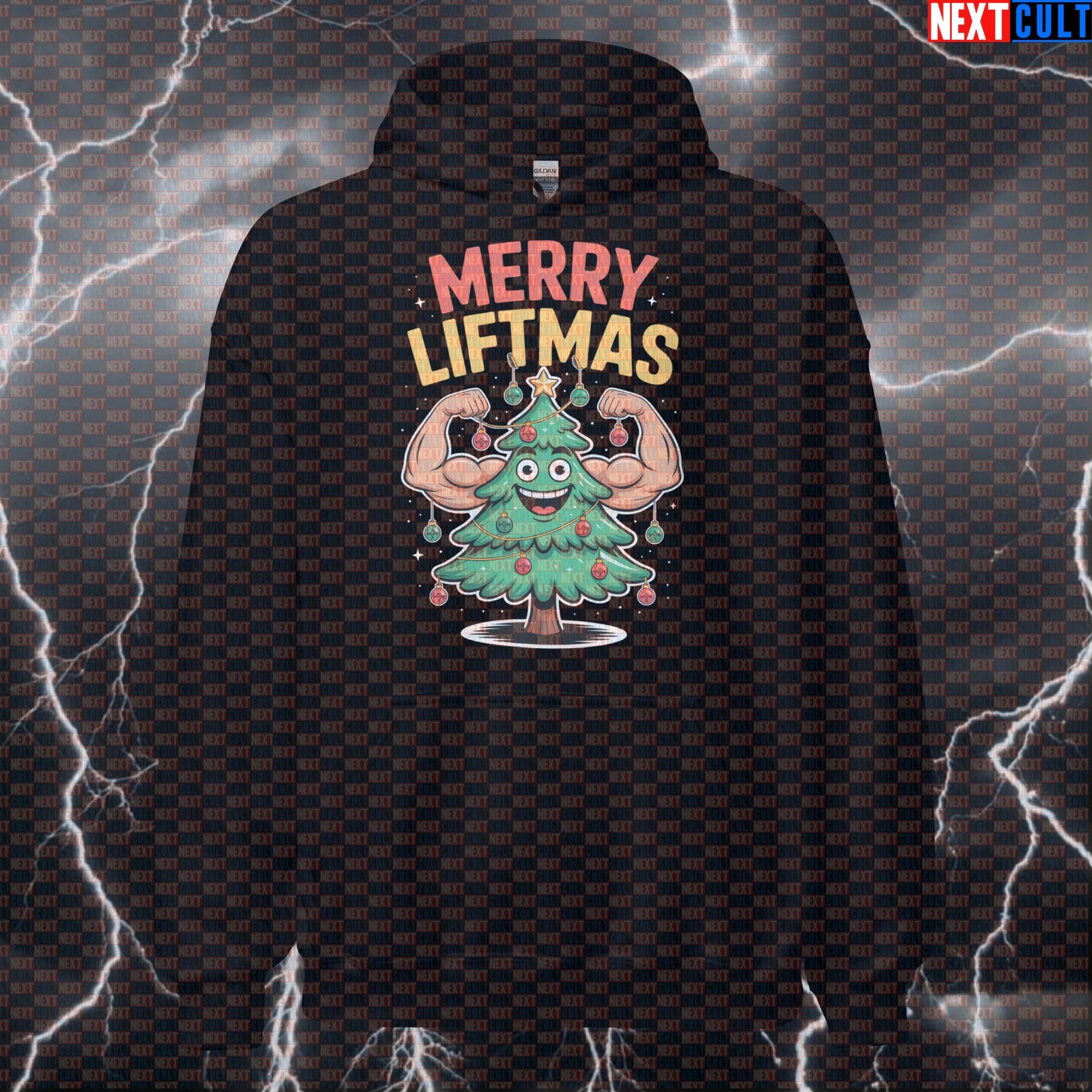 Merry Liftmas Gym Hoodie | Funny Jacked Christmas Tree Workout Hoodie | Festive Pump Cover Pullover Bodybuilding Christmas Fitness Gym Powerlifting Pump Cover Workout Next Cult Brand