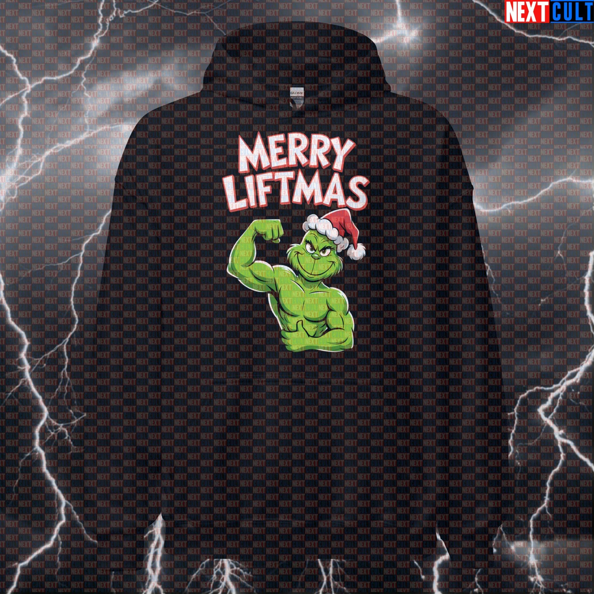 Merry Liftmas Grinch Gym Hoodie | Funny Christmas Workout Hoodie For Lifters | Festive Pump Cover Pullover Bodybuilding Christmas Films Fitness Gym Powerlifting Pump Cover Workout Next Cult Brand