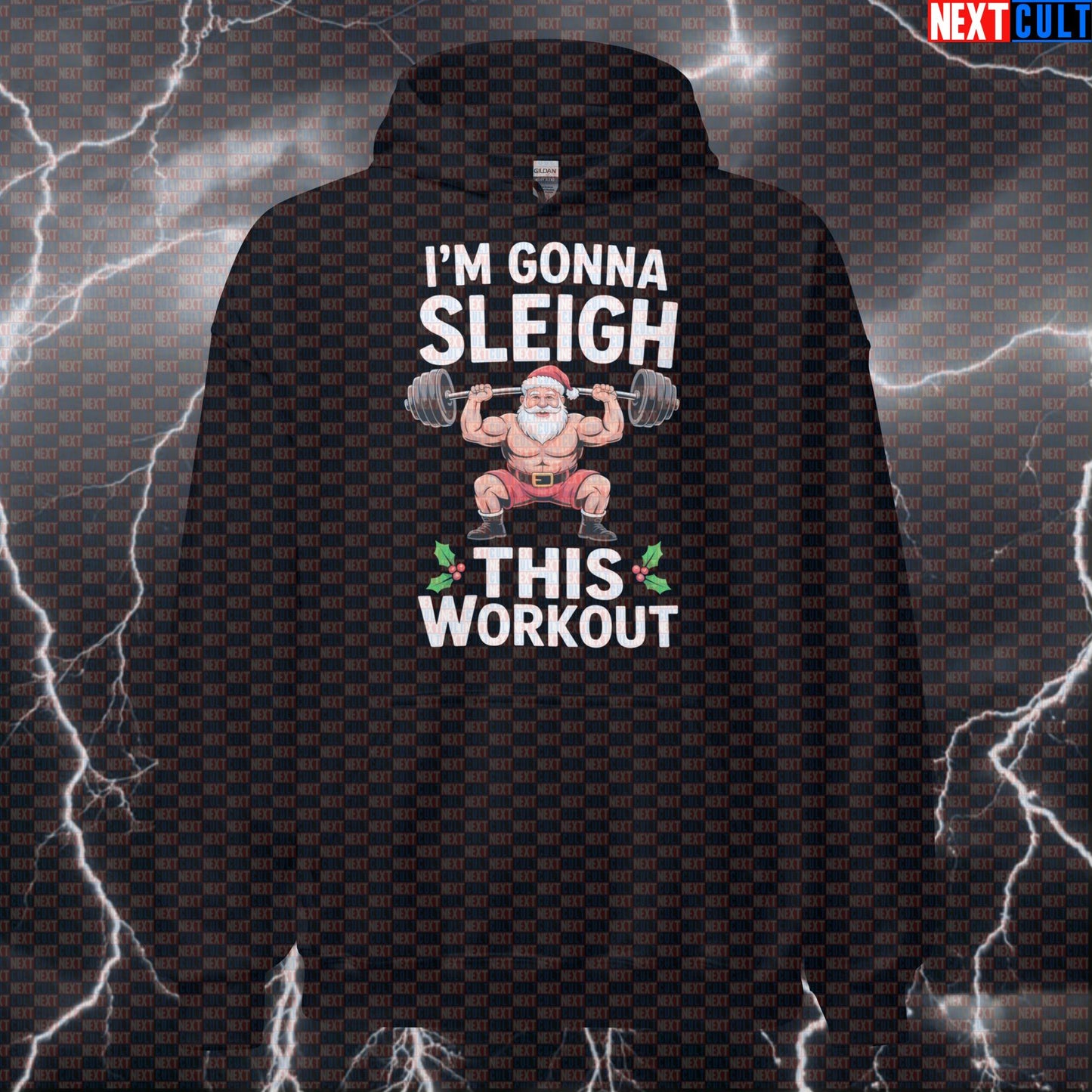 Merry Liftmas Gym Hoodie | Funny I'm Gonna Sleigh This Workout Santa Hoodie | Christmas Pump Cover Bodybuilding Christmas Fitness Gym Powerlifting Pump Cover Workout Next Cult Brand
