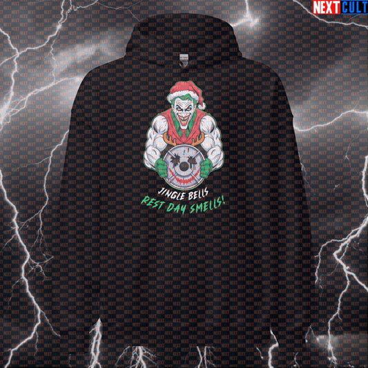 Jacked Joker Christmas Gym Hoodie | Funny Jingle Bells Rest Day Smells Workout Hoodie | Festive Pump Cover Bodybuilding Christmas Films Fitness Gym Joker Powerlifting Pump Cover Superheroes Workout Next Cult Brand
