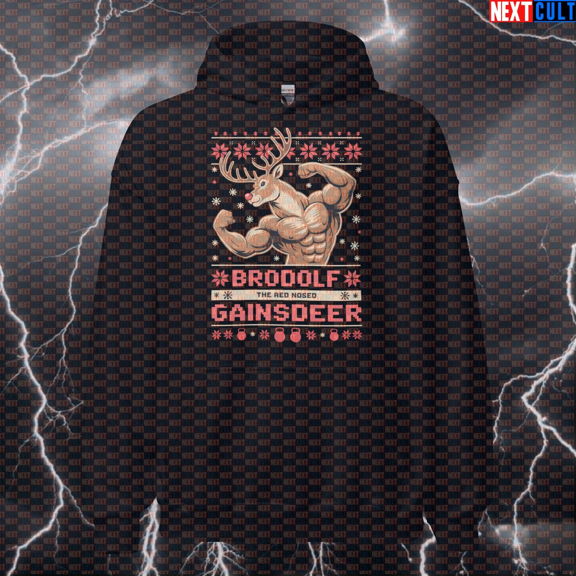 Brodolf Gainsdeer Funny Gym Hoodie | Christmas Workout Meme Hooded Sweatshirt | Festive Pump Cover Pullover Hoodies Bodybuilding Christmas Fitness Gym Pump Cover Workout Next Cult Brand