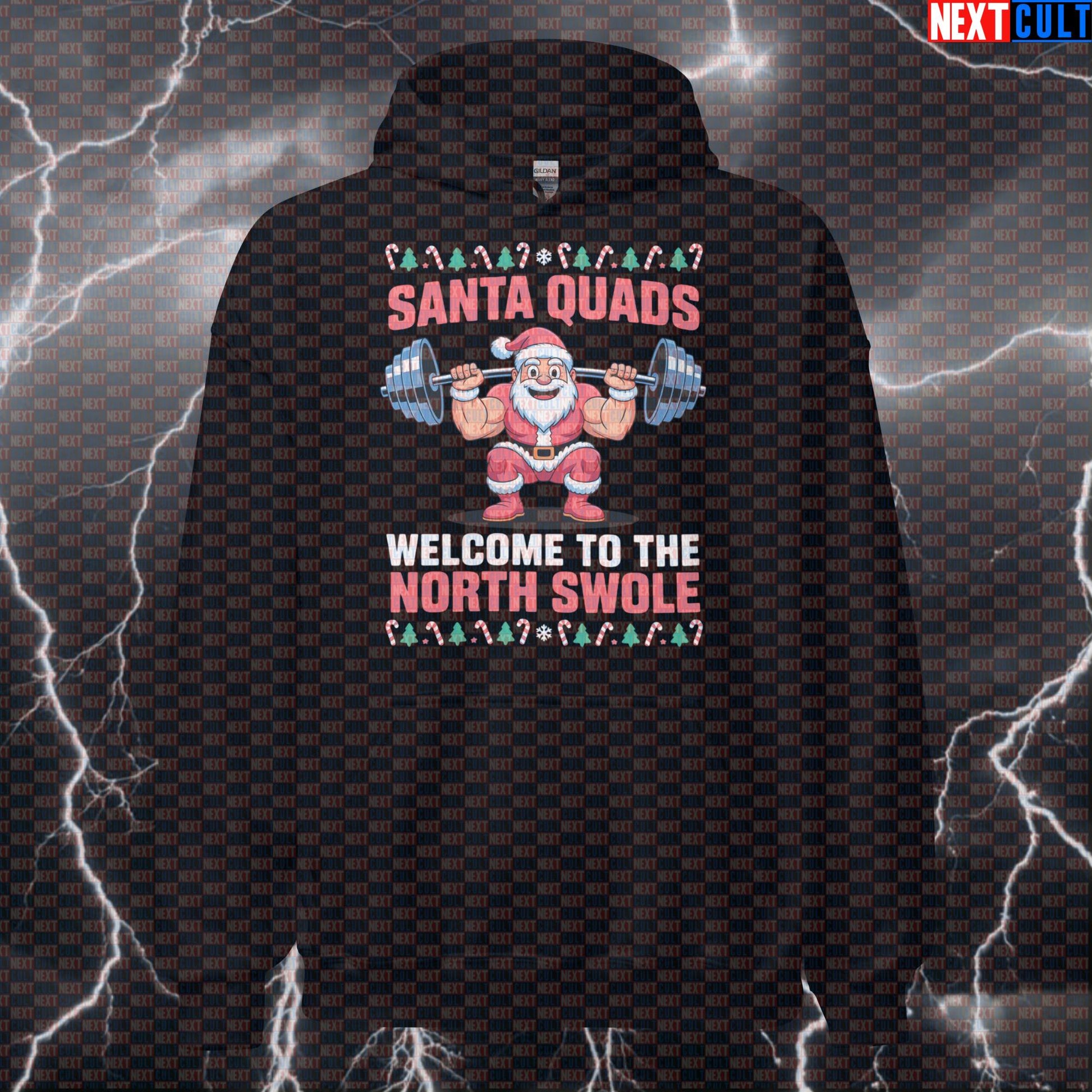 Santa Quads Funny Christmas Workout Hoodie - Festive Gym Hooded Sweatshirt Pullover Pump Cover Hoodies Bodybuilding Christmas Fitness Gym Leg Day Powerlifting Pump Cover Workout Next Cult Brand