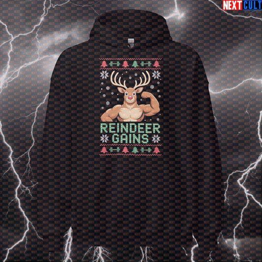 Reindeer Gains Funny Christmas Gym Hoodie - Festive Fitmas Workout Hooded Sweatshirt Pullover Hoodies Bodybuilding Christmas Fitness Gym Pump Cover Workout Next Cult Brand