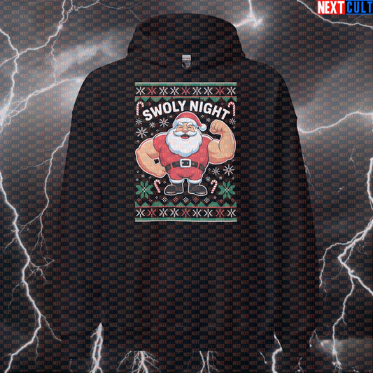 Swoly Night Funny Christmas Gym Hoodie | Festive Liftmas Workout Hoodie For Gym Bros | Holiday Pump Cover Hoodies Bodybuilding Christmas Fitness Gym Pump Cover Workout Next Cult Brand