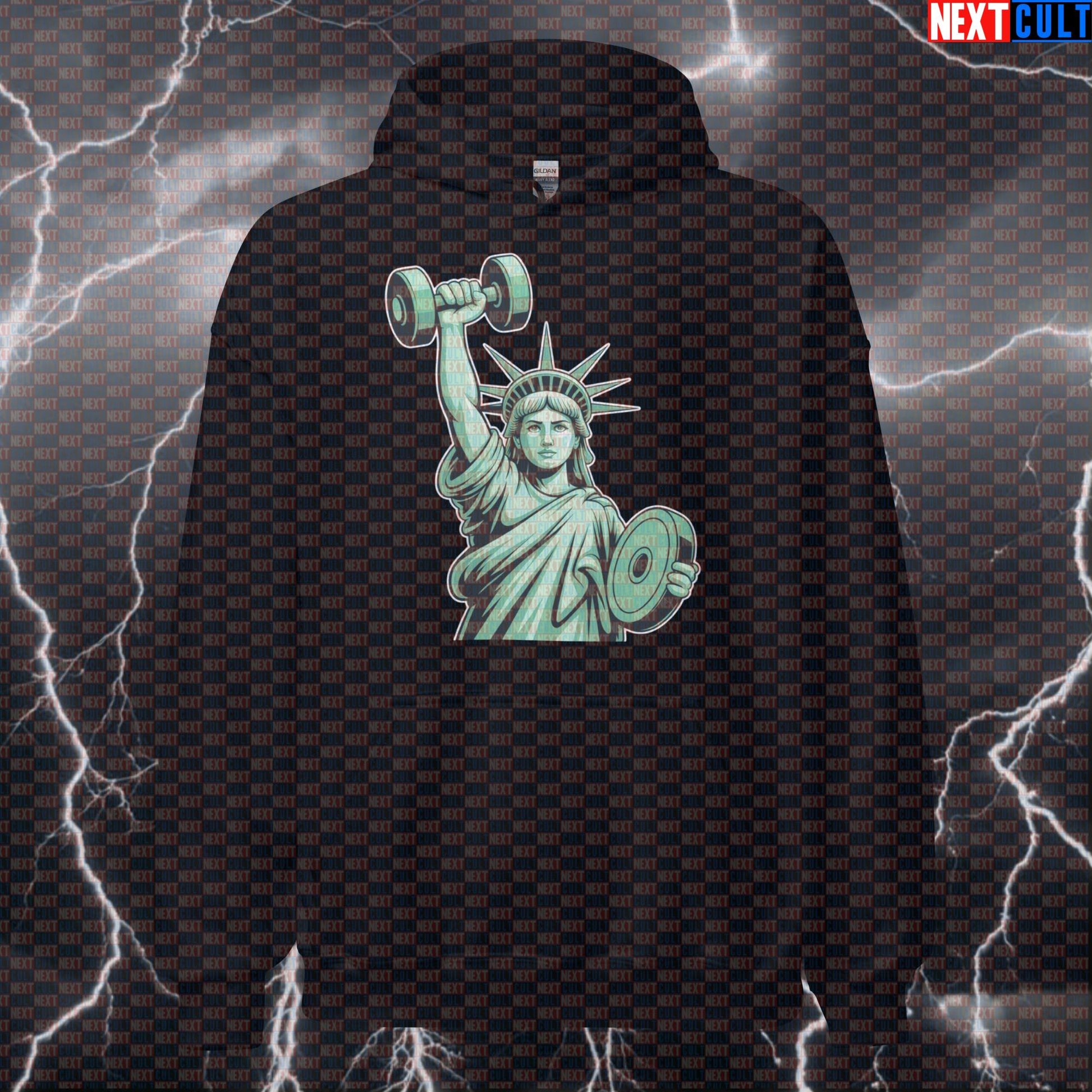 Funny Statue of Liberty Gym Hoodie | Freedom Gains Workout Hoodie For Lifters | American Pride Pullover 4th of July Bodybuilding Fitness Gym Powerlifting Pump Cover Statue of Liberty Workout Next Cult Brand