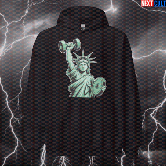 Funny Statue of Liberty Gym Hoodie | Freedom Gains Workout Hoodie For Lifters | American Pride Pullover 4th of July Bodybuilding Fitness Gym Powerlifting Pump Cover Statue of Liberty Workout Next Cult Brand