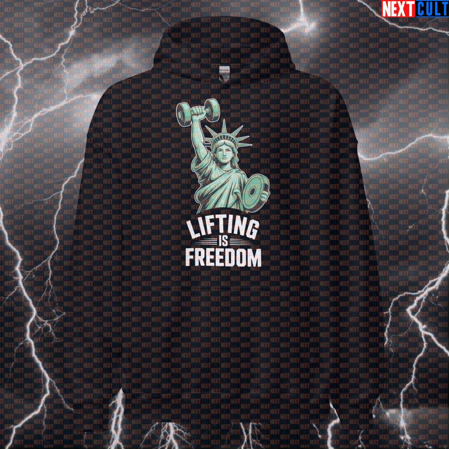 Statue of Liberty Gym Hoodie | Lifting Is Freedom Workout Hoodie | Funny 4th of July Pump Cover Pullover 4th of July Bodybuilding Fitness Gym Powerlifting Pump Cover Statue of Liberty Workout Next Cult Brand