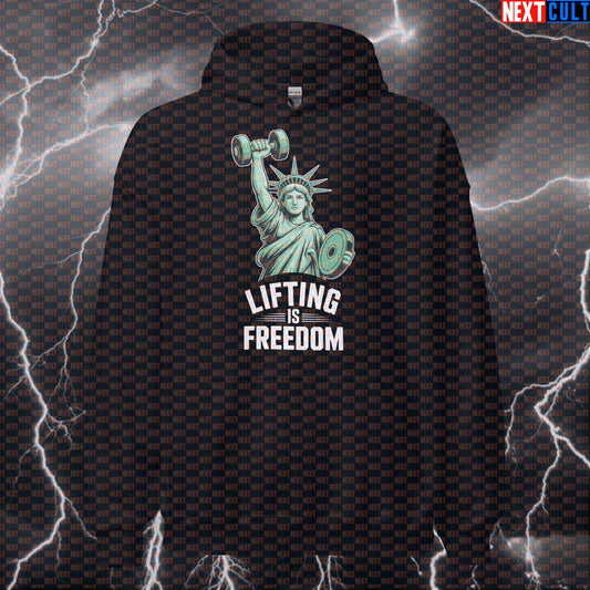 Statue of Liberty Gym Hoodie | Lifting Is Freedom Workout Hoodie | Funny 4th of July Pump Cover Pullover 4th of July Bodybuilding Fitness Gym Powerlifting Pump Cover Statue of Liberty Workout Next Cult Brand