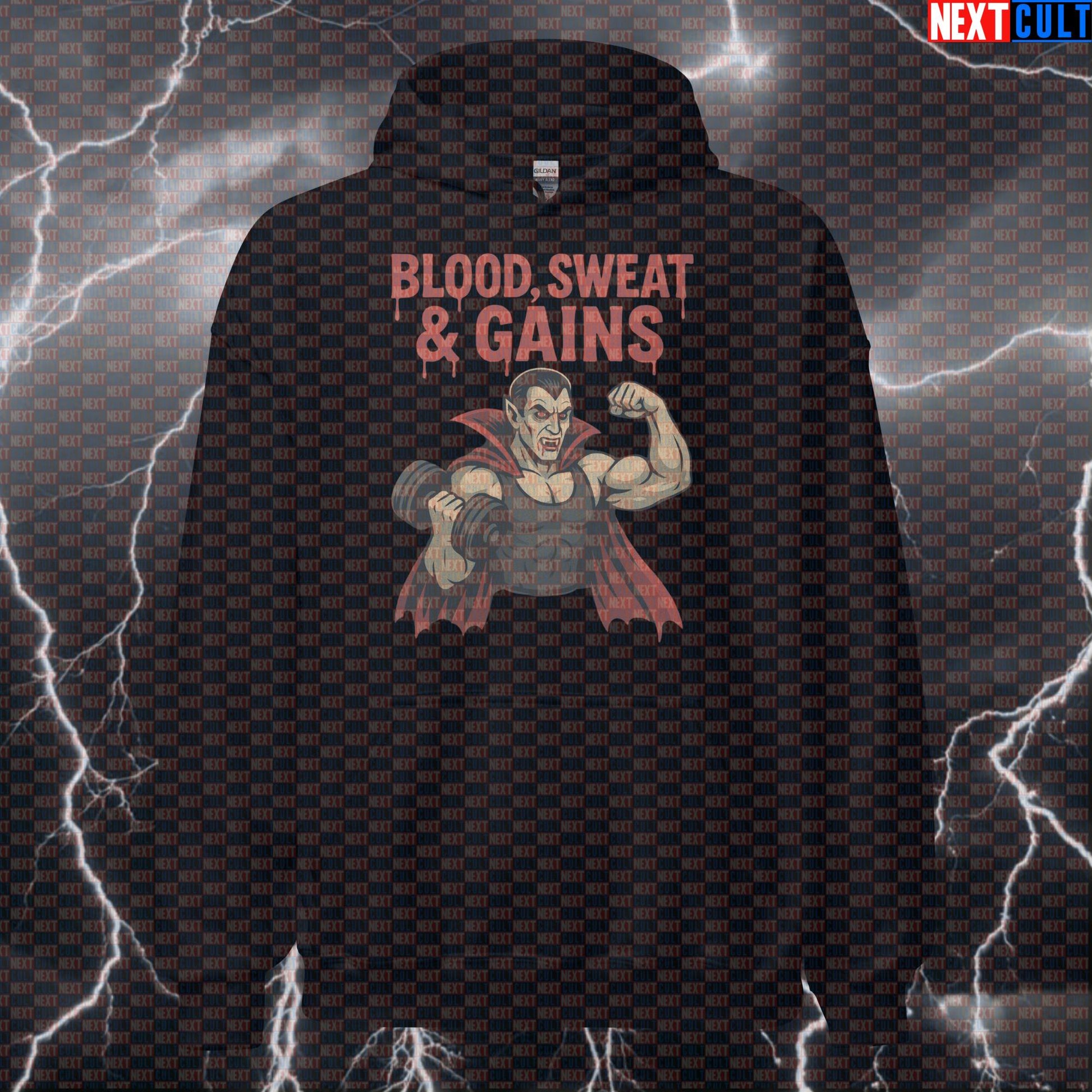Blood Sweat & Gains Dracula Gym Hoodie | Funny Vampire Workout Pullover Top Hoodies Bodybuilding Films Fitness Gym Halloween Pump Cover Workout Next Cult Brand