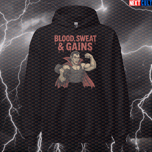 Blood Sweat & Gains Dracula Gym Hoodie | Funny Vampire Workout Pullover Top Hoodies Bodybuilding Films Fitness Gym Halloween Pump Cover Workout Next Cult Brand