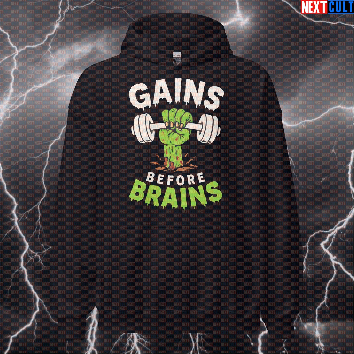 Gains Before Brains Funny Gym Hoodie | Zombie Lifting Meme Pullover | Halloween Fitness Hooded Sweatshirt Hoodies Bodybuilding Fitness Gym Halloween Pump Cover Workout Zombie Next Cult Brand