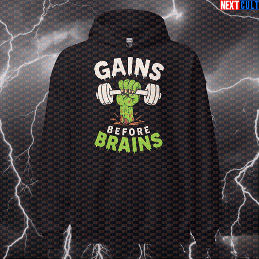 Gains Before Brains Funny Gym Hoodie | Zombie Lifting Meme Pullover | Halloween Fitness Hooded Sweatshirt Hoodies Bodybuilding Fitness Gym Halloween Pump Cover Workout Zombie Next Cult Brand
