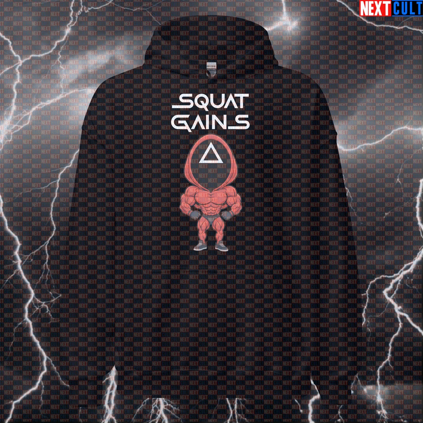 Squat Game Gym Hoodie | Funny Squid Game Parody Workout Hoodie For Leg Day | Squat Gains Jumper Bodybuilding Fitness Gym Leg Day Powerlifting Pump Cover TV Workout Next Cult Brand